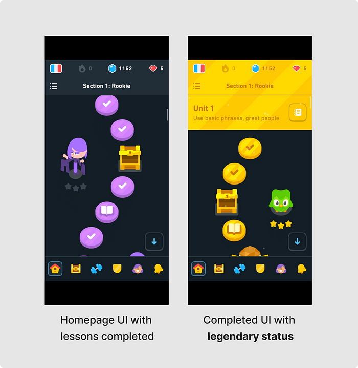 Two screenshots of the Duolingo homescreen showing the completed and legendary UI